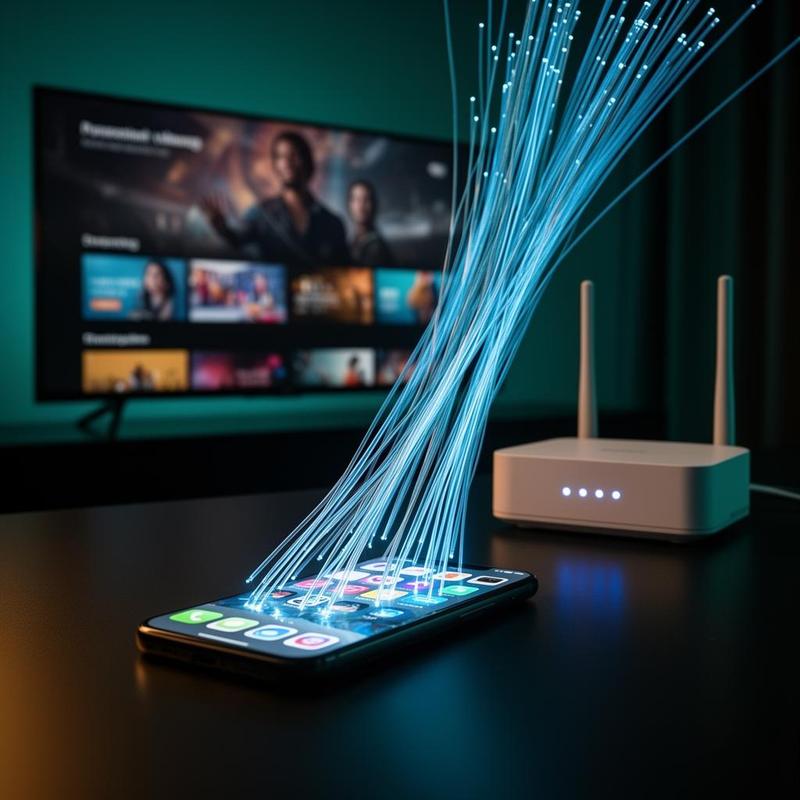 Smartphone, TV connectée, routeur Wi-Fi et fibre optique illustrant les services télécom